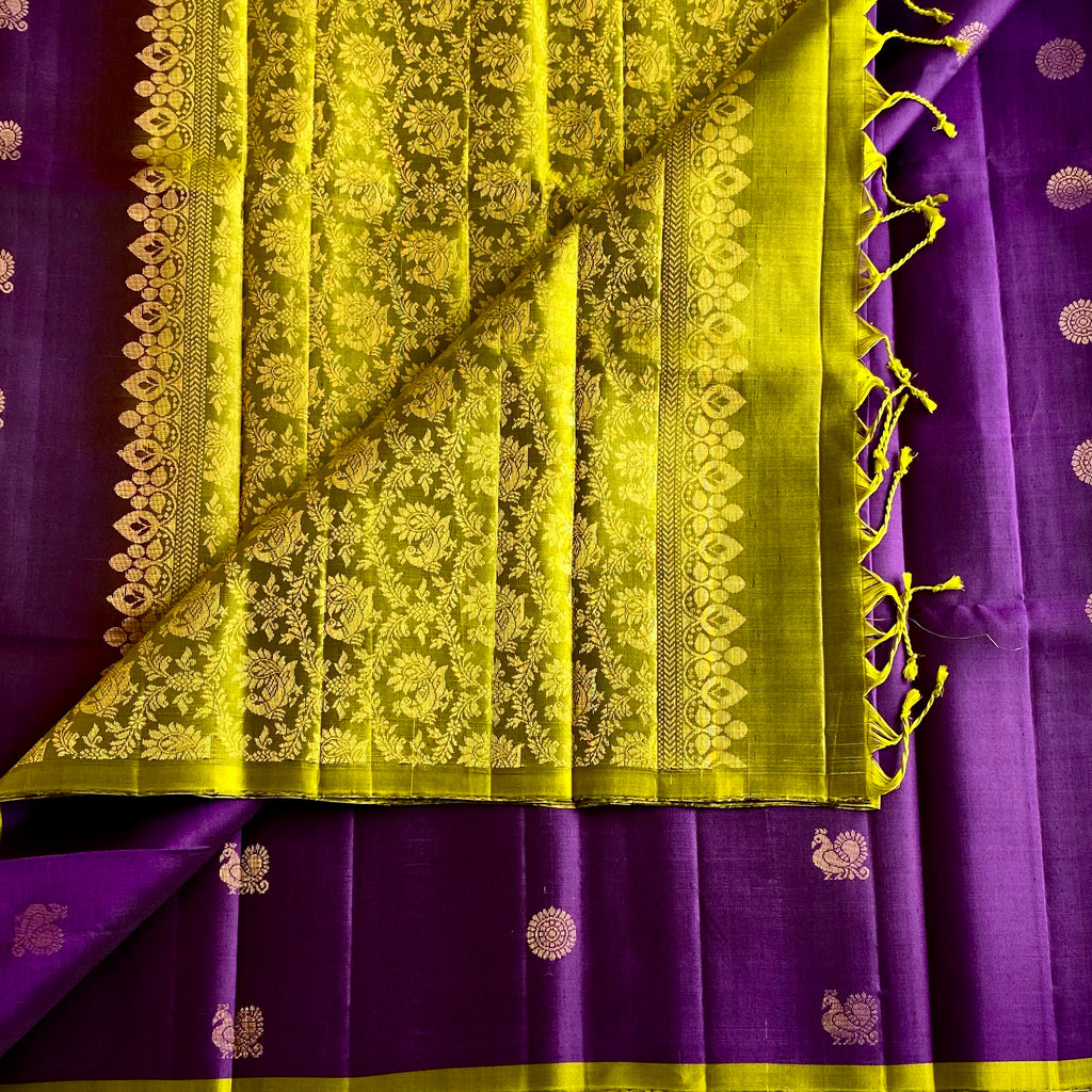 Royal Purple Designer Pure Silk Saree With Lime Green Pallu