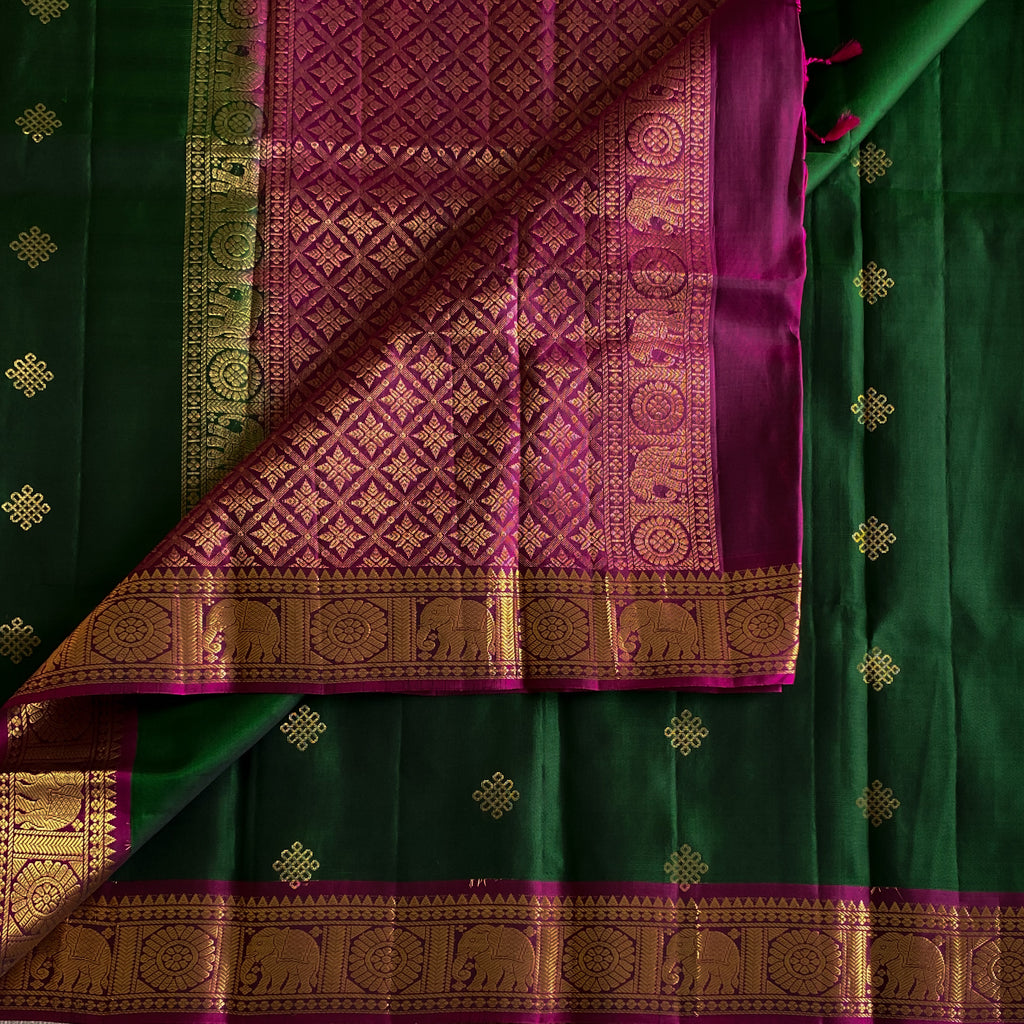 Emerald Green Silk Saree with Fuchsia Pallu Gold Zari Border