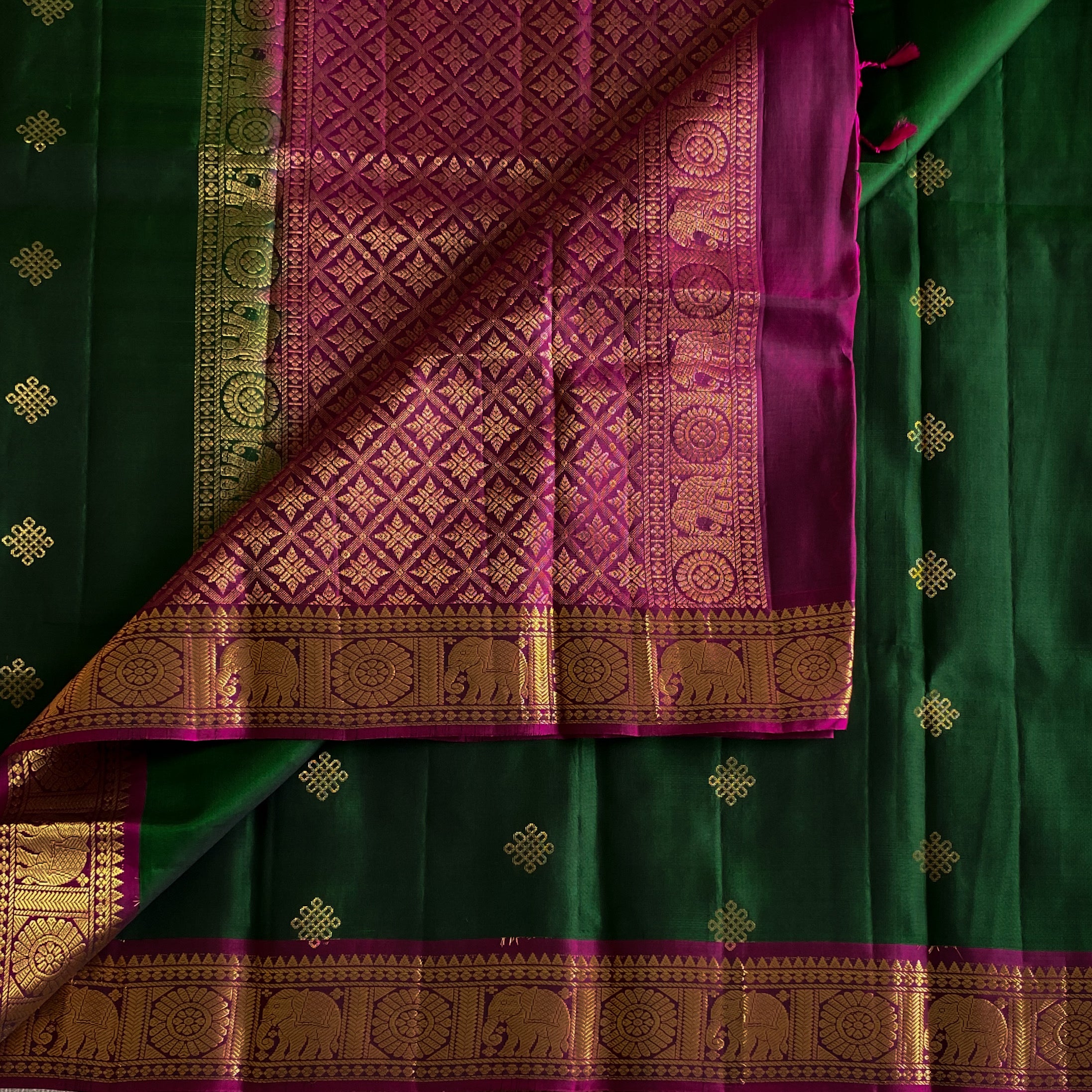 Emerald Green Silk Saree with Fuchsia Pallu Gold Zari Border