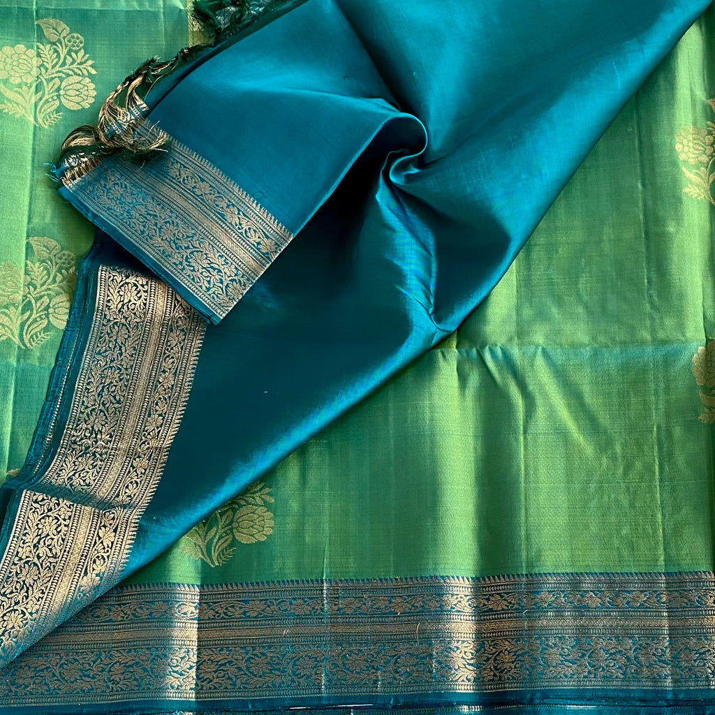 Lime Green Teal Green Designer Pure Silk Saree With Gold Jaal