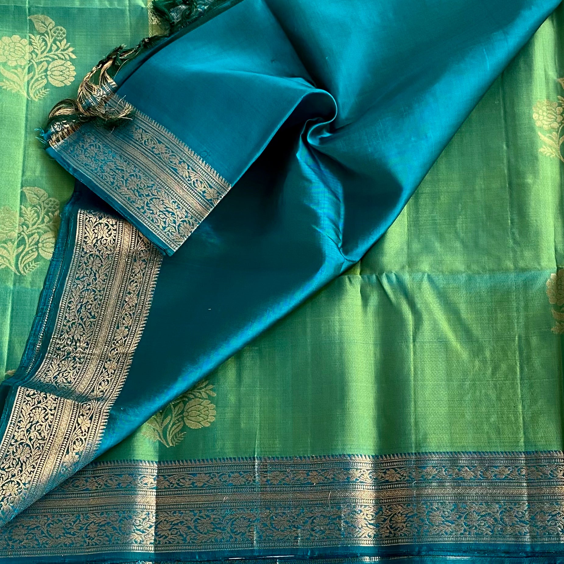 Lime Green Teal Green Designer Pure Silk Saree With Gold Jaal