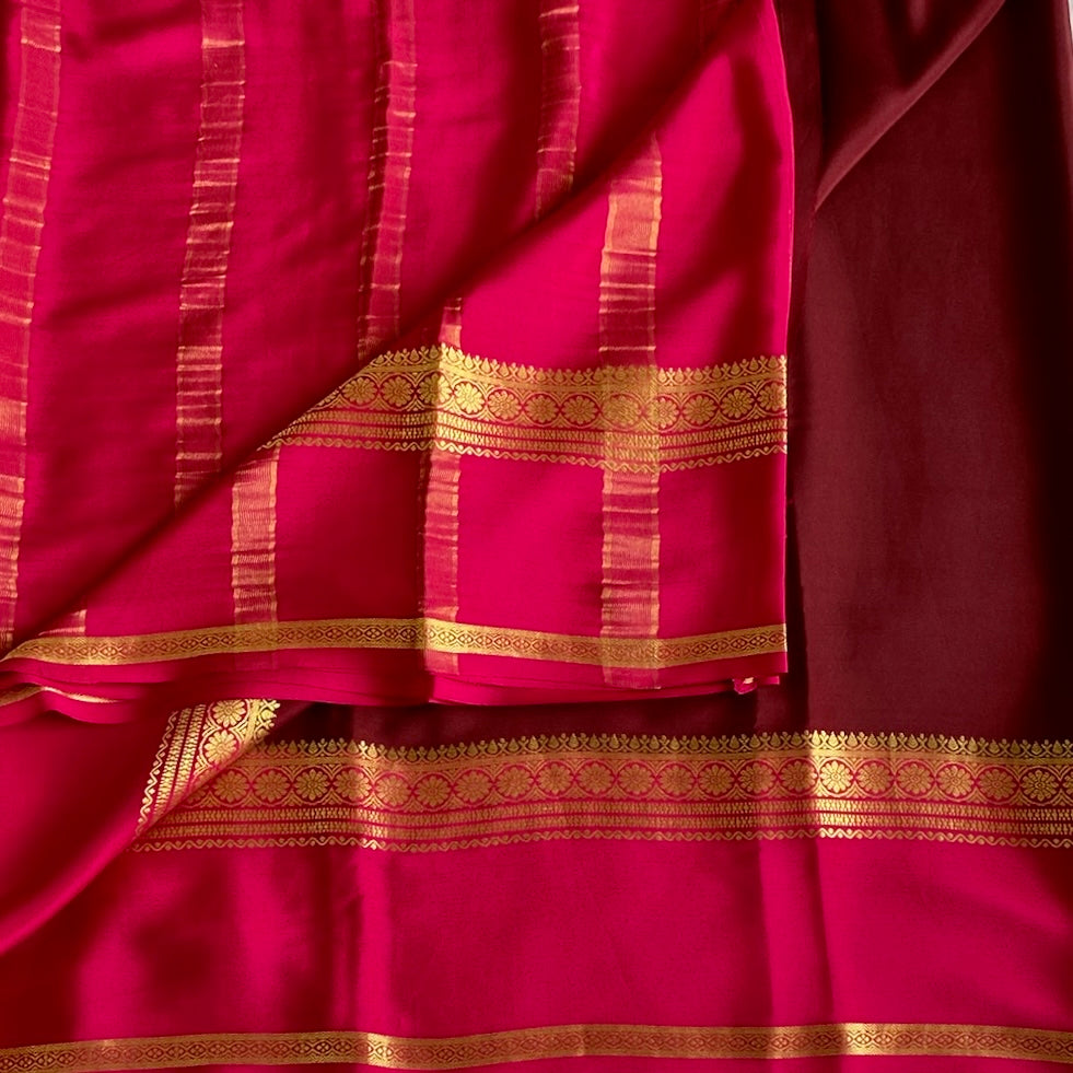 Deep Wine Chocolate Mysore Crepe Silk Saree With Rani Pink Pallu