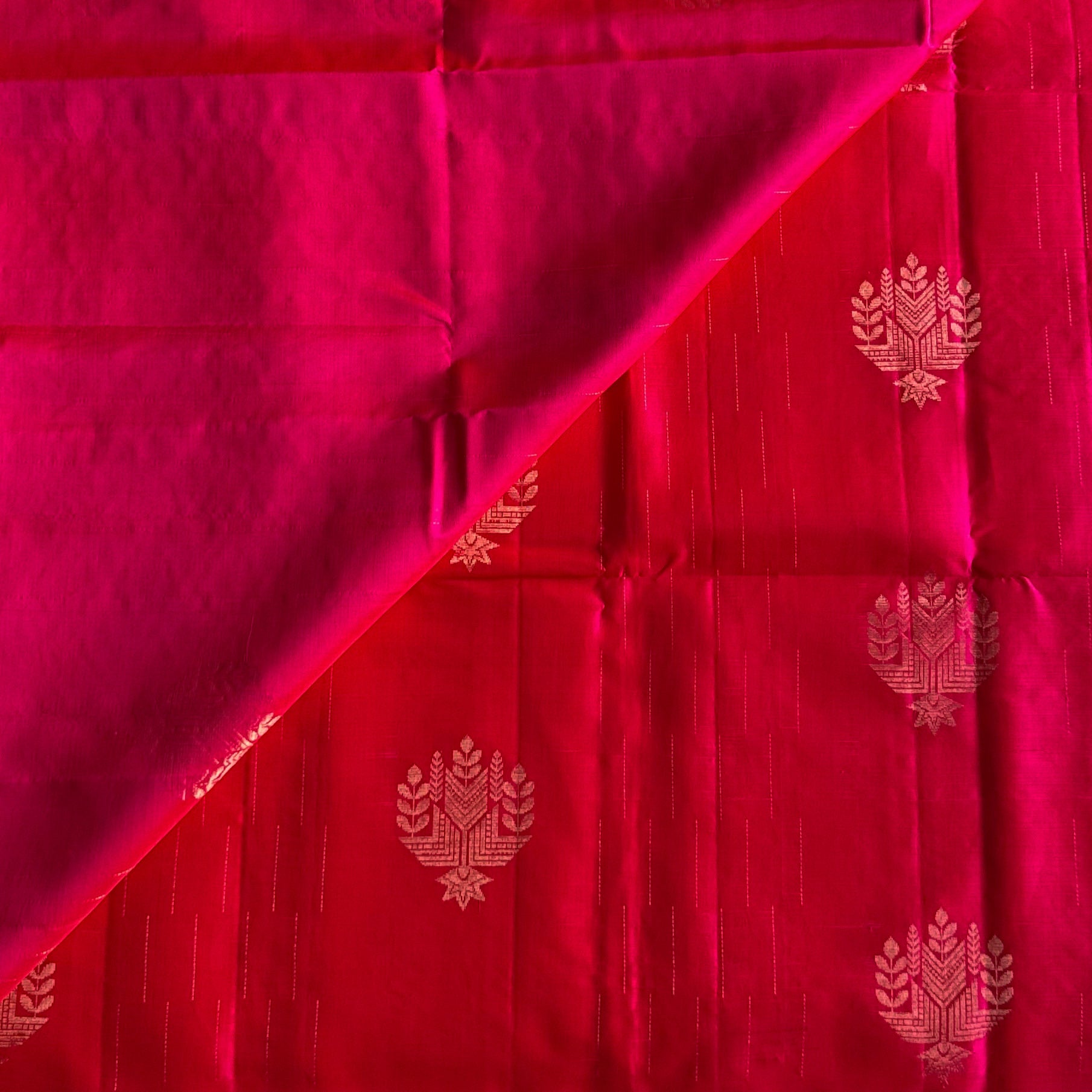 Hot Pink Woven Saree Silver Pallu Antique Gold Zari Floral Buta