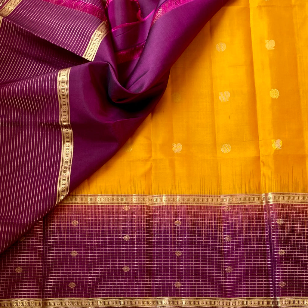 Saffron Yellow Silk Saree Magenta Pallu Gold Brocade Wedding Weave
