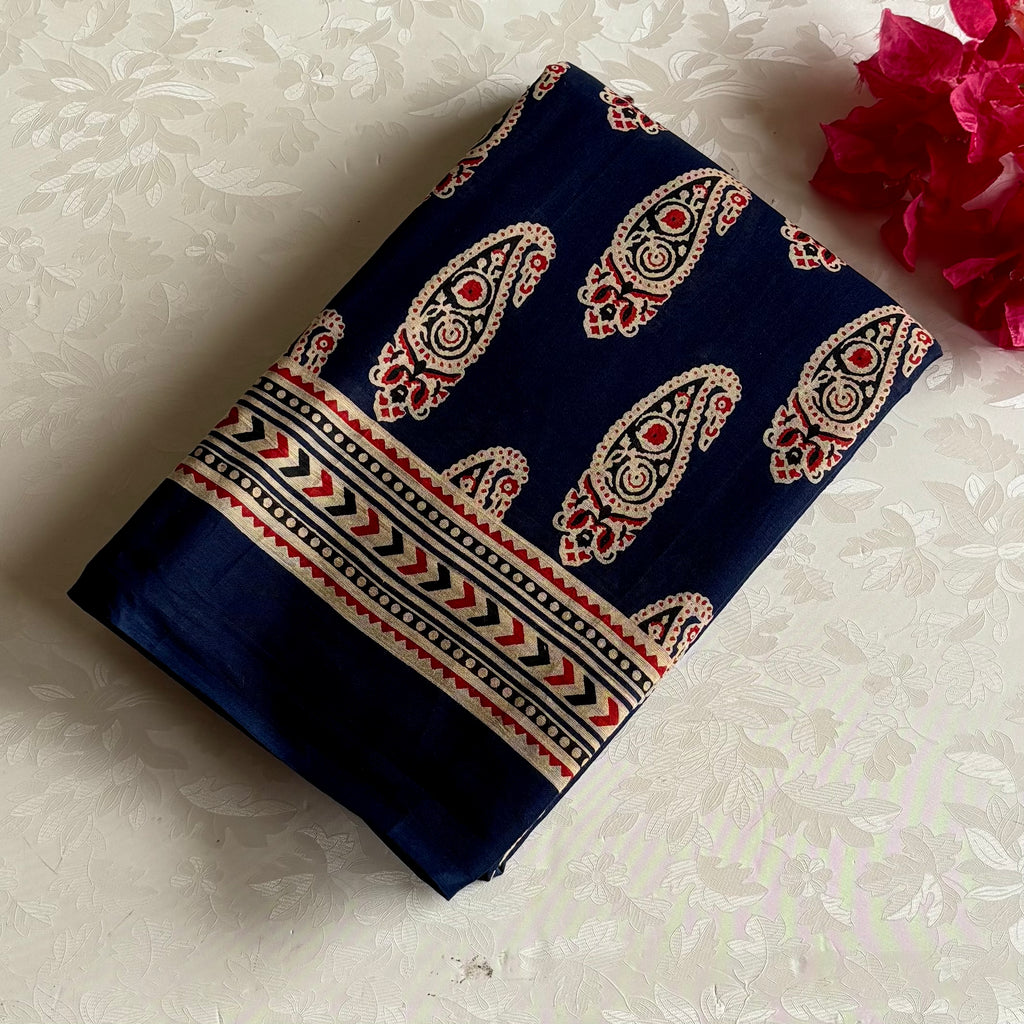 Navy Blue Handblock Printed Saree With Cream Paisley Pallu