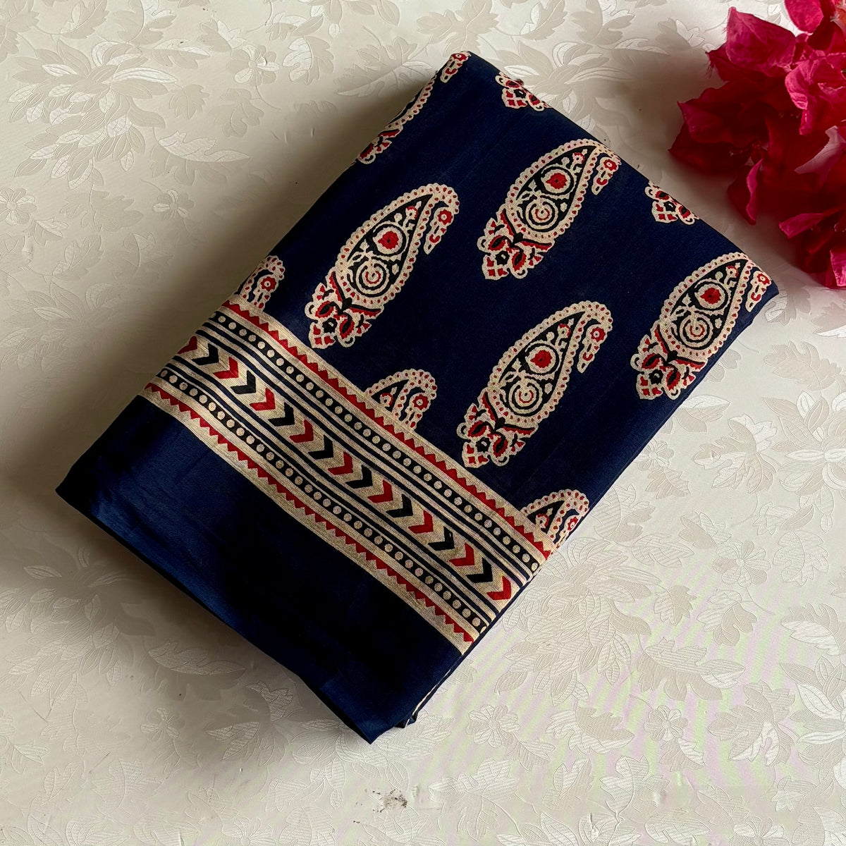 Navy Blue Handblock Printed Saree With Cream Paisley Pallu
