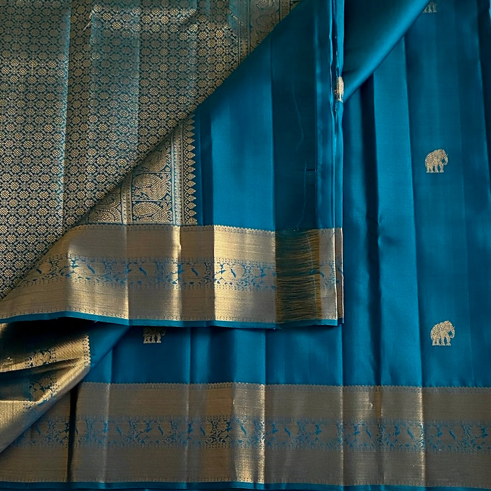 Teal Blue Kanjeevaram Pure Zari Silk Saree With Antique Gold Brocade
