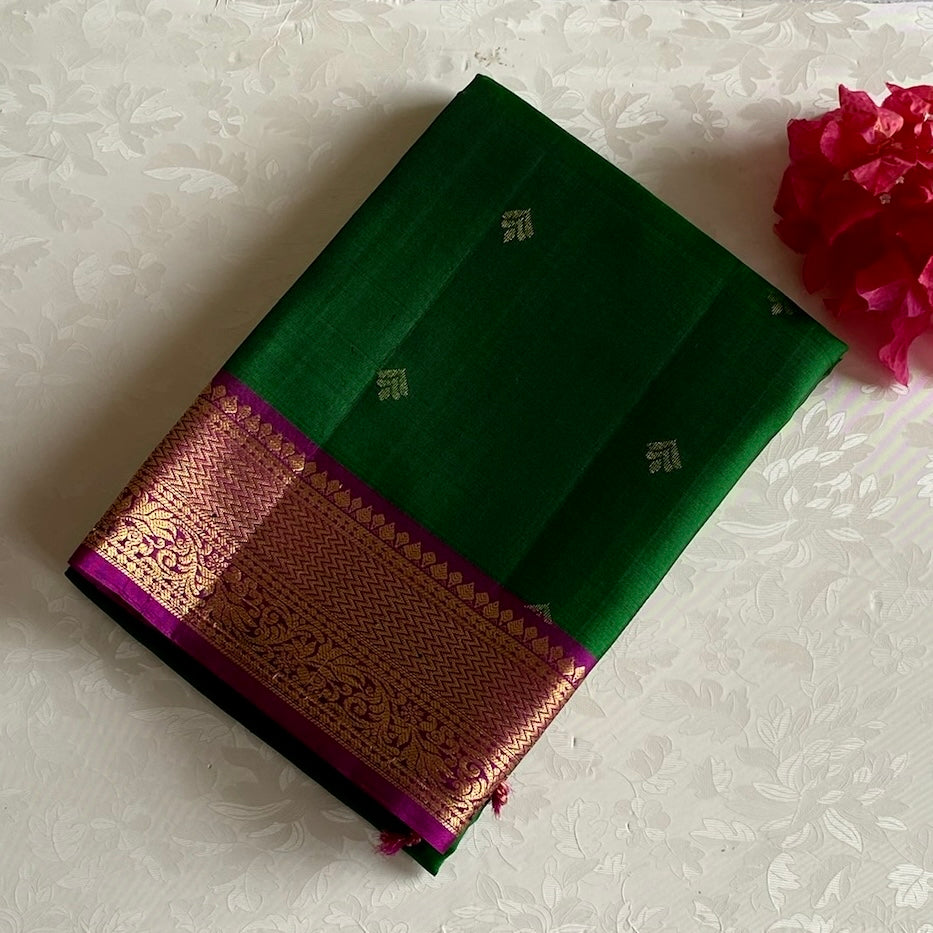 Emerald Green Designer Pure Silk Saree With Rani Pink Pallu