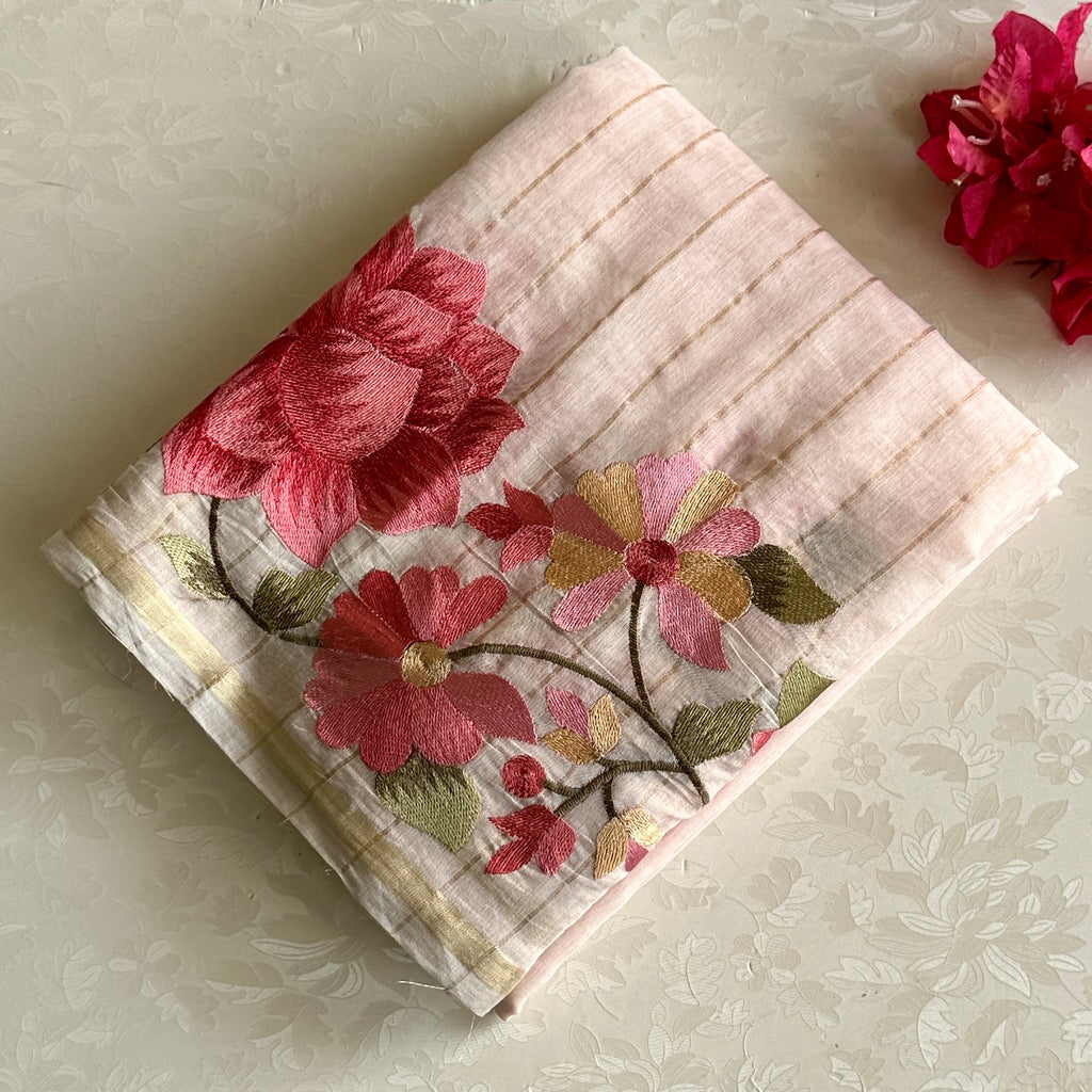 Blush Pink Soft Tussar Silk Saree With Coral Pink Embroidery