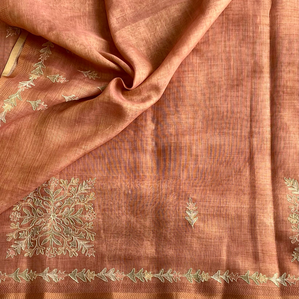 Terracotta Rust Soft Embroidered Linen Saree With Antique Gold Leaf Border