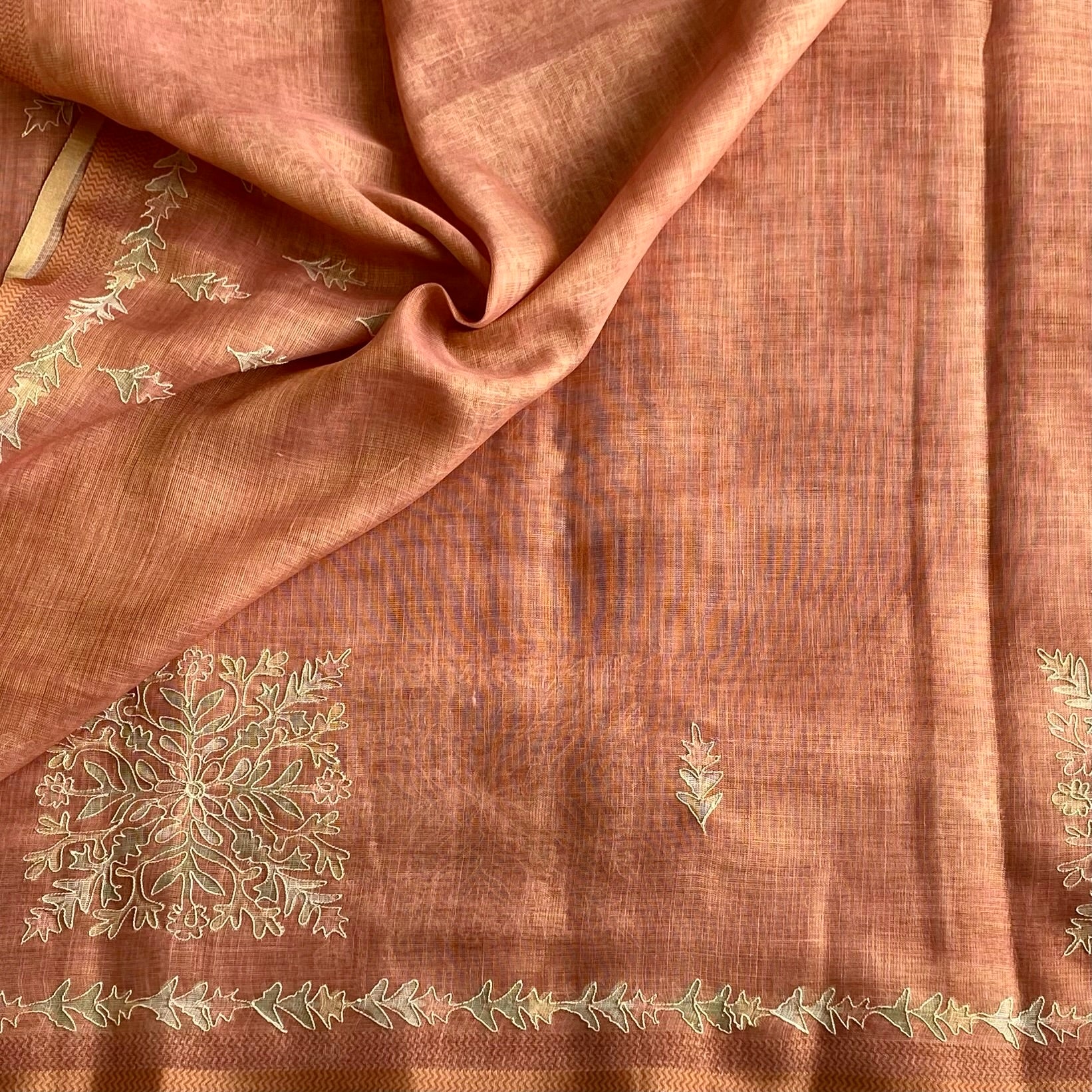 Terracotta Rust Soft Embroidered Linen Saree With Antique Gold Leaf Border