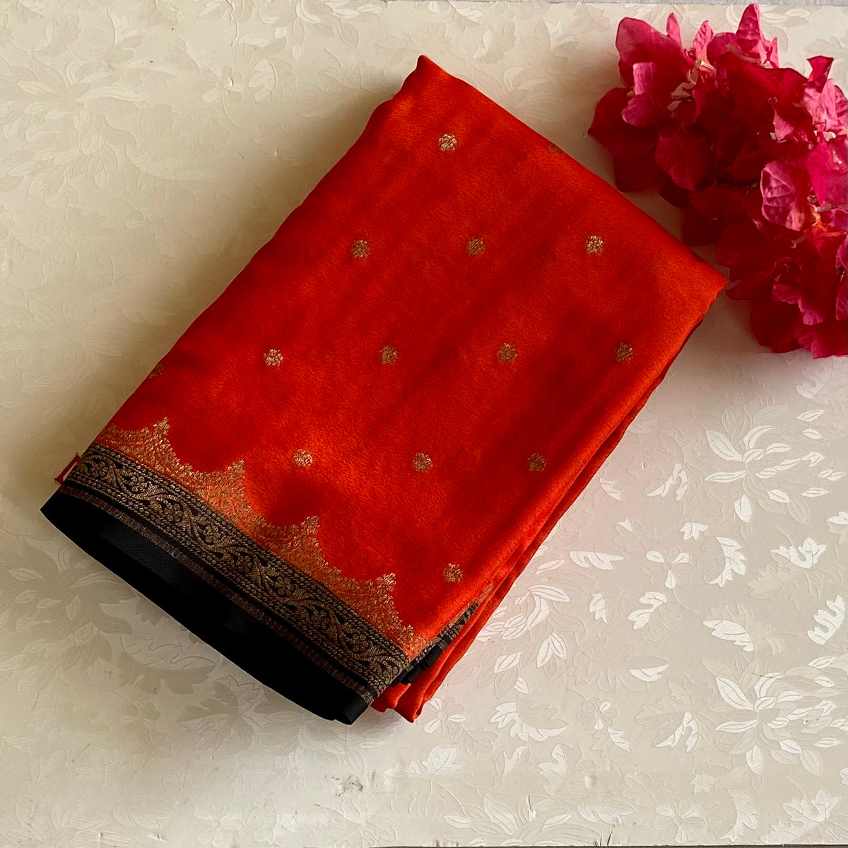 Crimson Red Banarasi Soft Crepe Silk With Jet Black Pallu