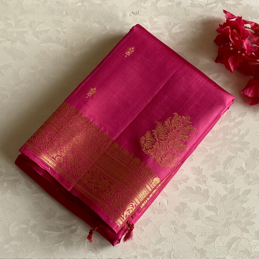 Dreamy Rose Pink Designer Pure Silk Saree With Metallic Gold Zari
