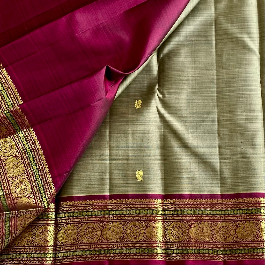 Sage Greyish Kanjeevaram Pure Zari Silk Saree With Deep Magenta Pallu
