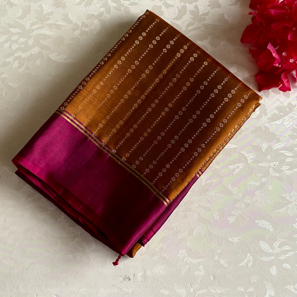 Bronze Brown Designer Pure Silk Saree With Rani Pink Pallu