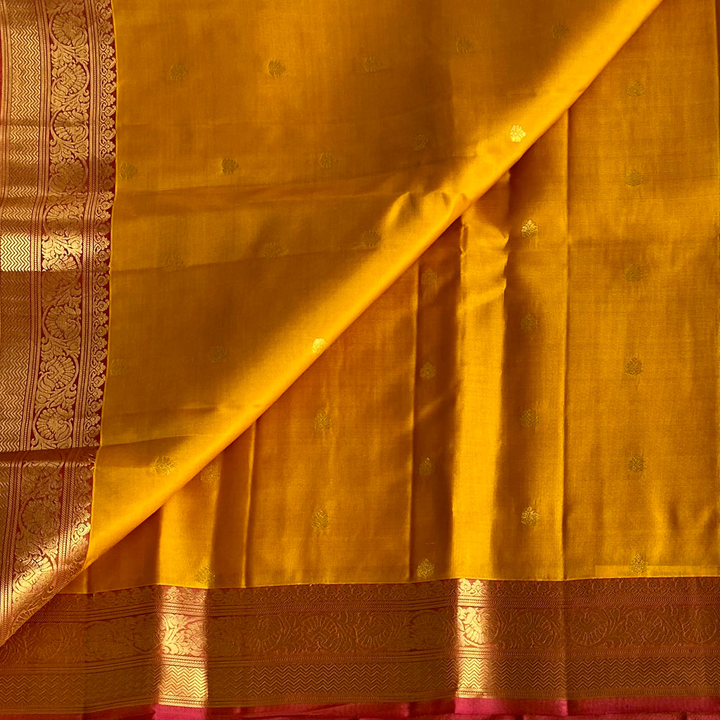 Mustard Yellow Designer Pure Silk Saree With Rani Pink Pallu