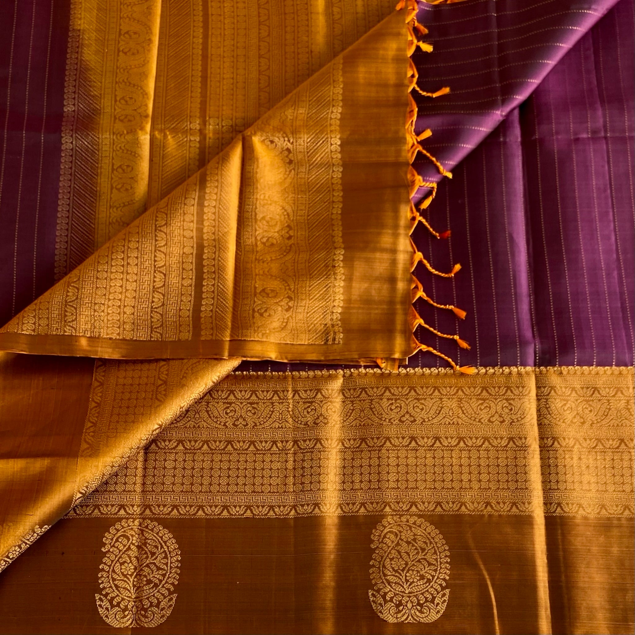 Stunner Purple Striped Designer Pure Silk with Jaggery Gold Borders