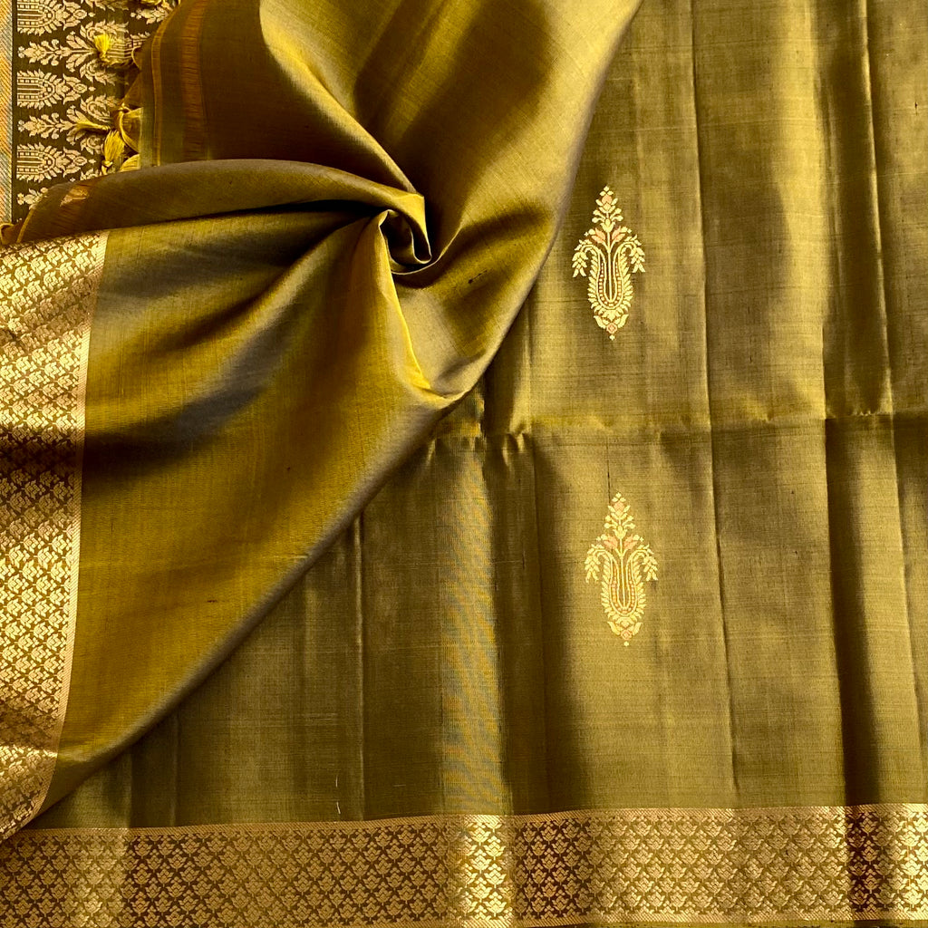 Olive Green Designer Pure Silk Saree With Antique Gold Pallu