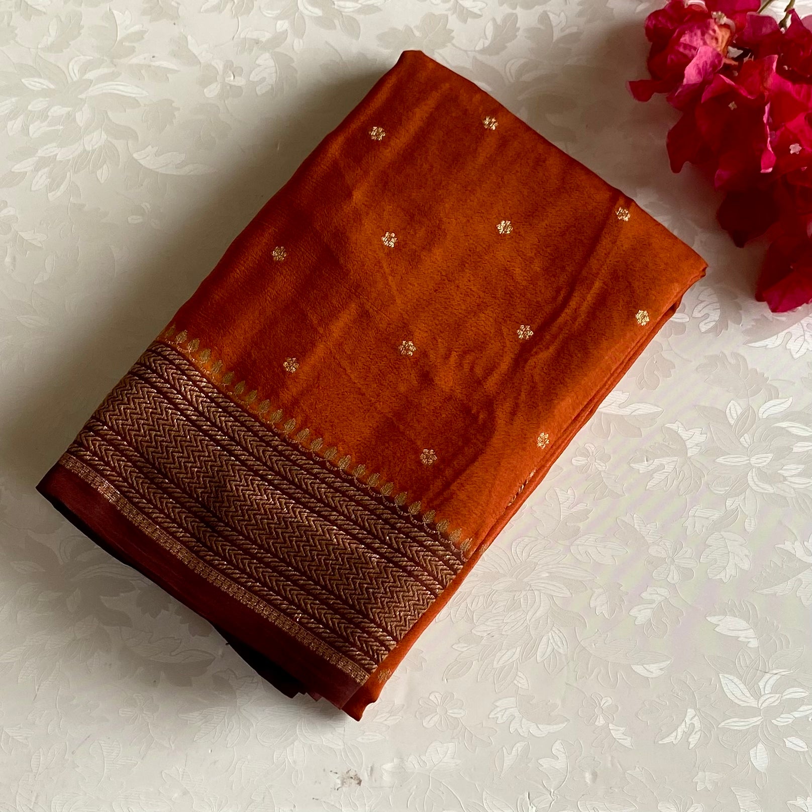 Burnt Orange Soft Tussar Silk Saree With Deep Maroon Border