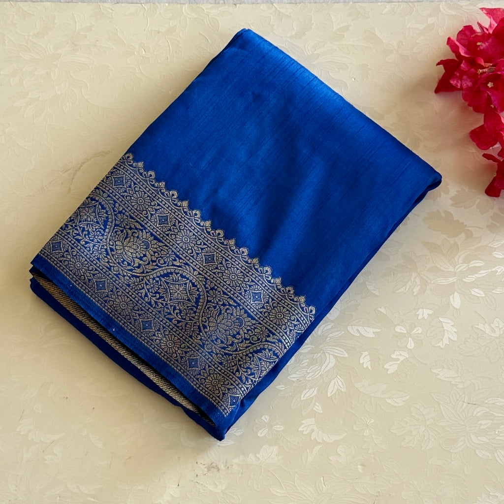 Royal Blue Jamawar Silk Saree Magenta Olive Paisley Pallu Silver Zari
