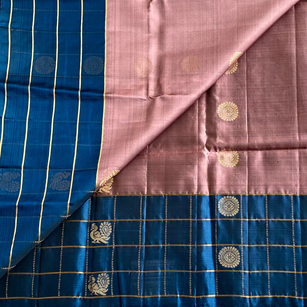 Metallic Dusty Rose Designer Pure Silk Saree With Rich Checkered Blue