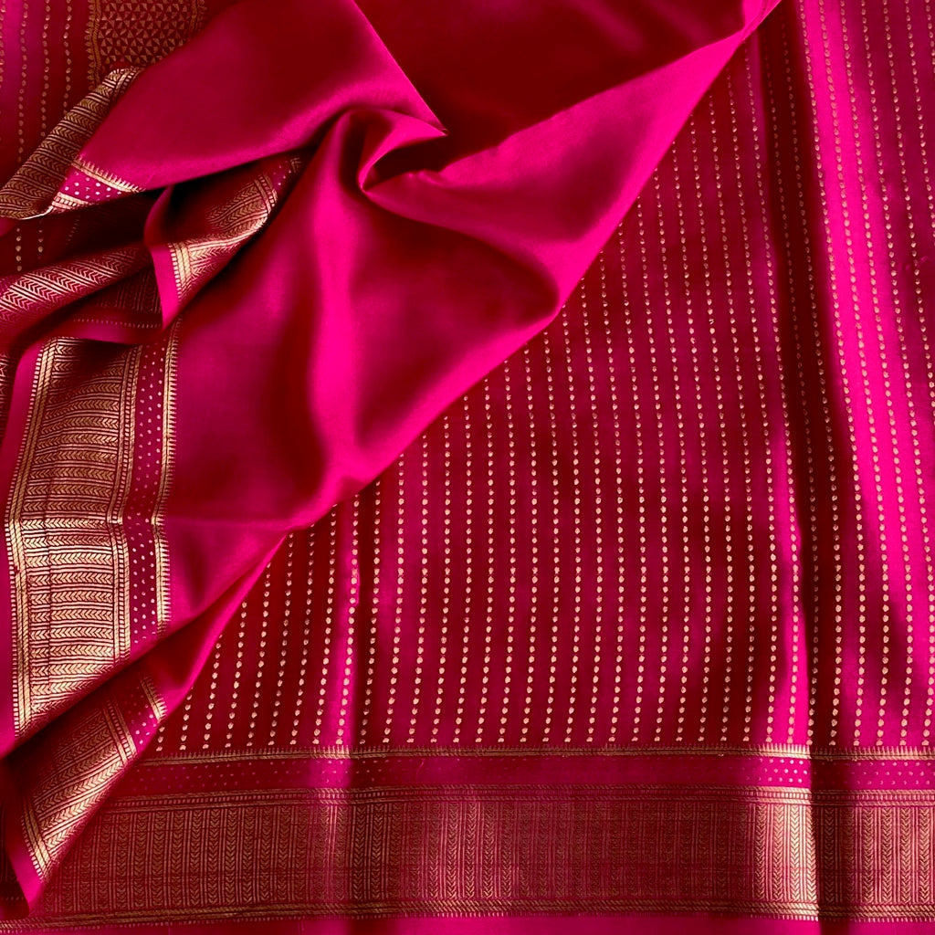 Mysore Crepe Silk Rani Pink Saree With Gold Zari Border