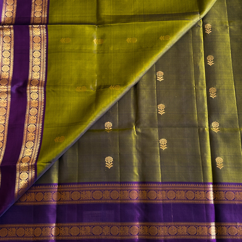 Royal Purple Olive Green Kanchipuram Silk Saree Gold Zari Border