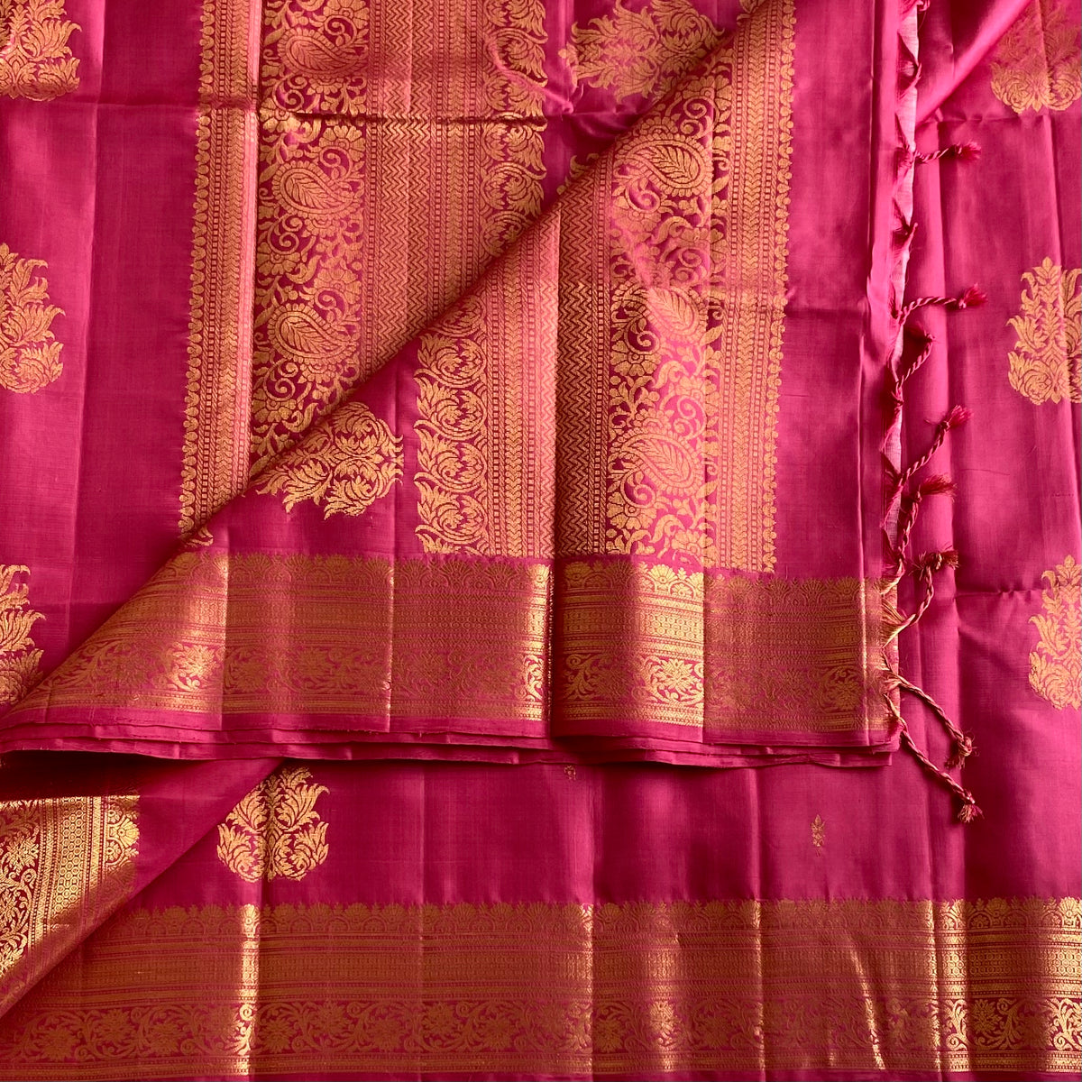 Dreamy Rose Pink Designer Pure Silk Saree With Metallic Gold Zari