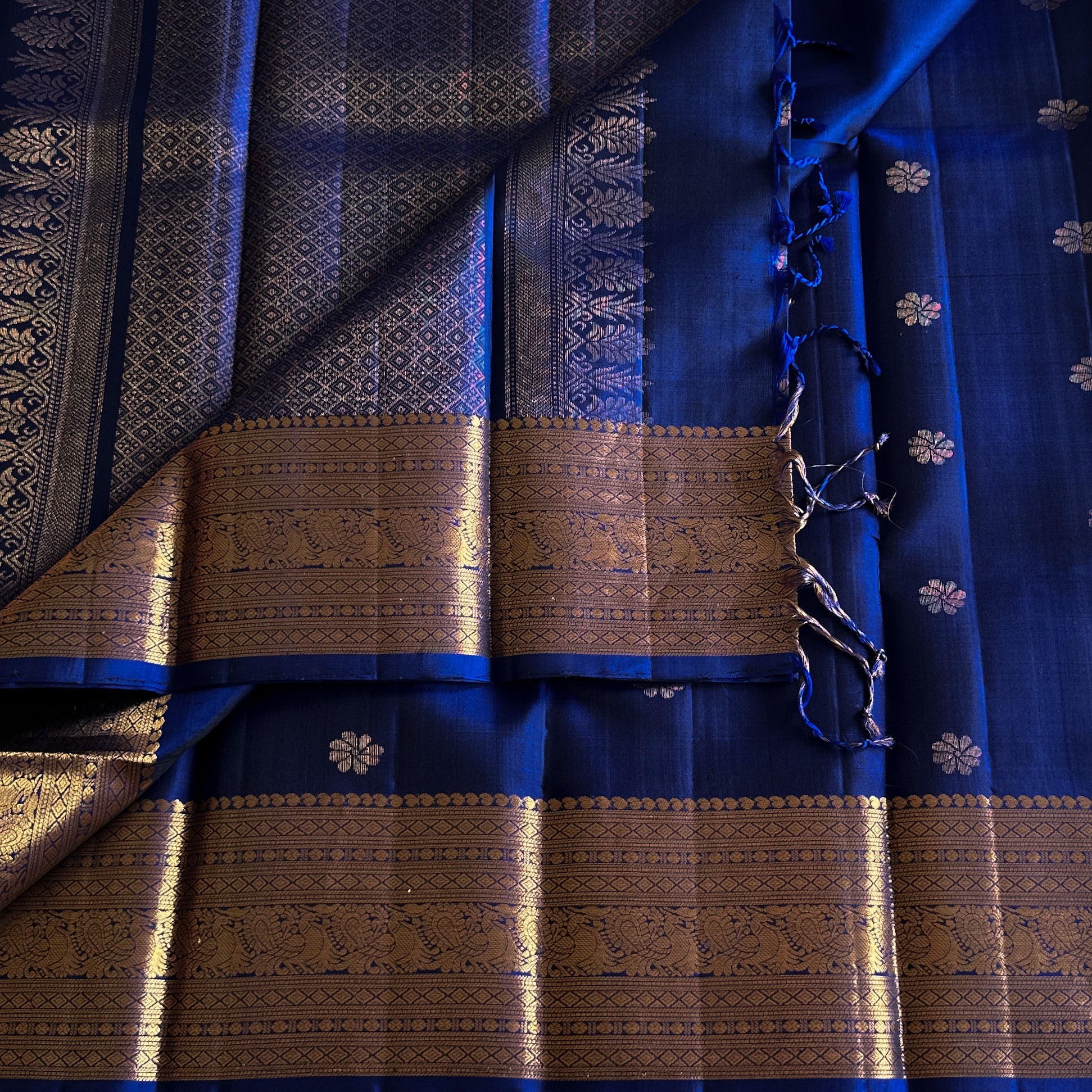 Royal Blue Saree With Gold Zari Border And Floral Buta