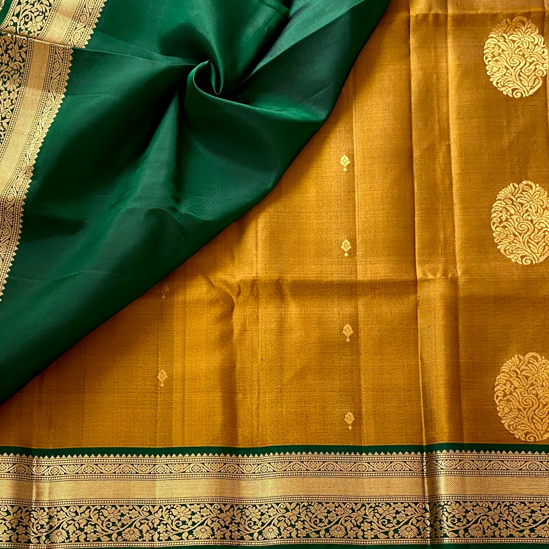 Mustard Gold Designer Pure Silk Saree Bottle Green Zari Border Contrast Pallu