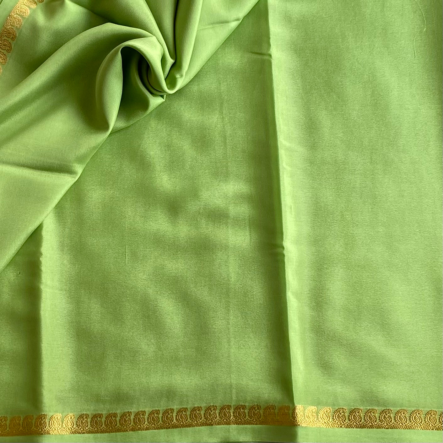 Tiny 1 inch border Lime Green Mysore Crepe Silk Saree With Metallic Gold Stripes