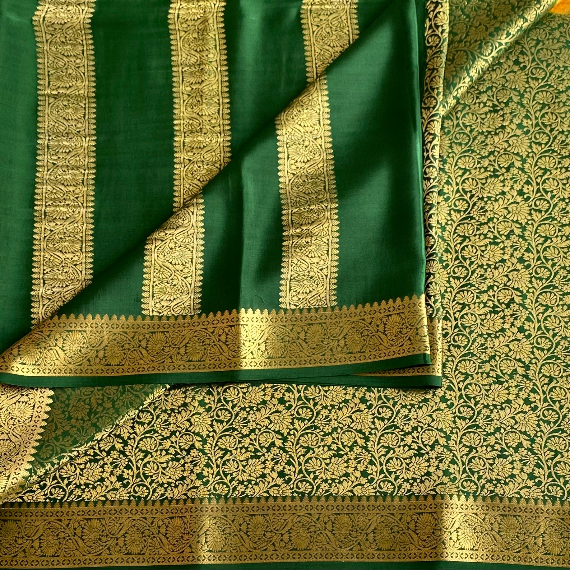 Mustard n Green Half n Half Mysore Crepe Silk Saree With Metallic Gold Zari Weave