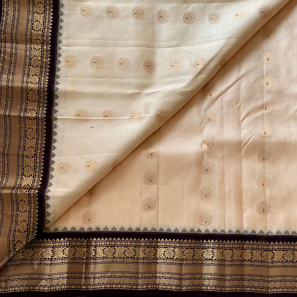 Silk Cream Kanjeevaram Pure Zari Silk Saree With Deep Brown Pallu