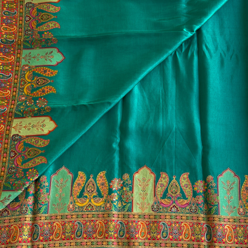 Teal Silk Saree Gold Zari Paisley Floral Border Festive Wedding
