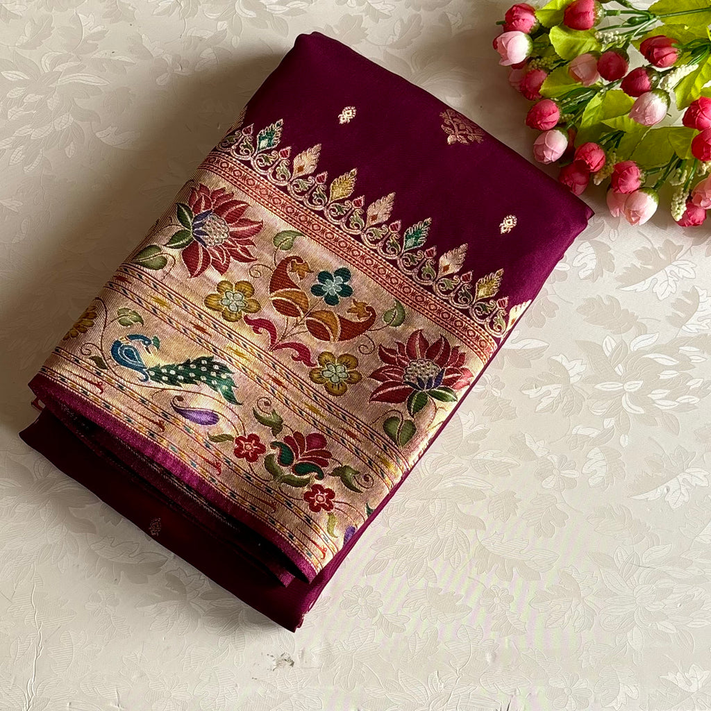 Deep Wine Magenta Meenakari Soft Tussar Silk Saree With Champagne Beige Pallu