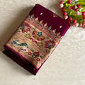 Deep Wine Magenta Meenakari Soft Tussar Silk Saree With Champagne Beige Pallu