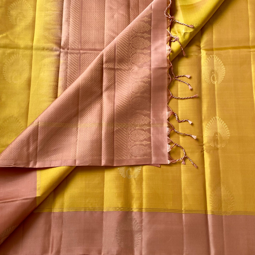 Dusky Dreamy Mustard with Rose gold designer handloom lightweight pure silk