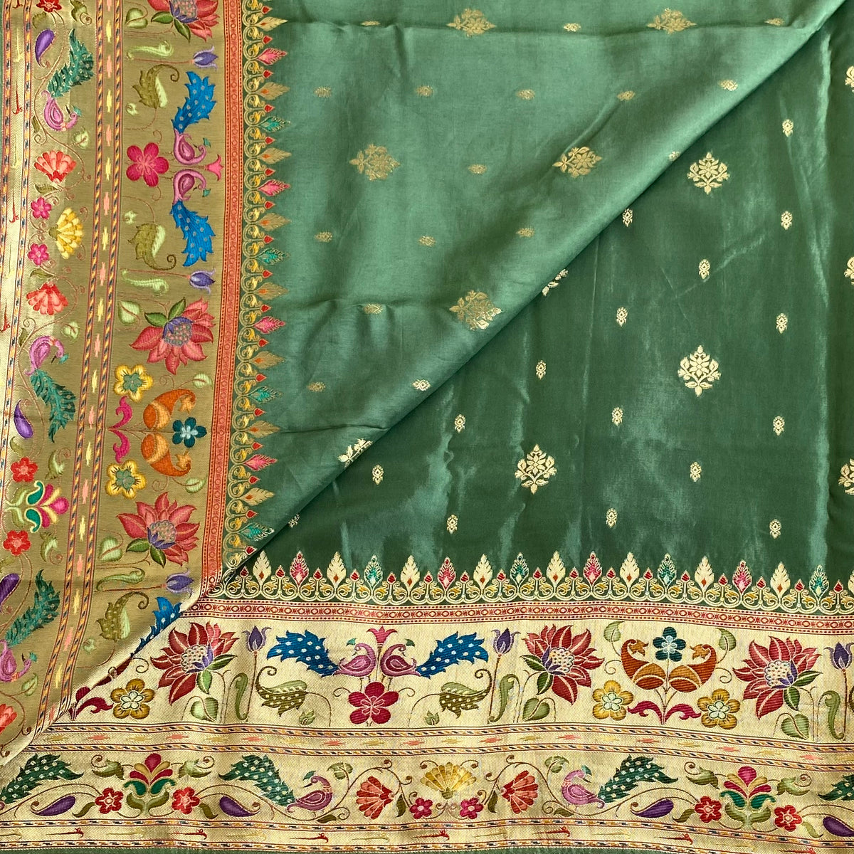 Metallic Sage Green Soft Meenakari Tussar Silk Saree With Antique Gold Floral Pallu