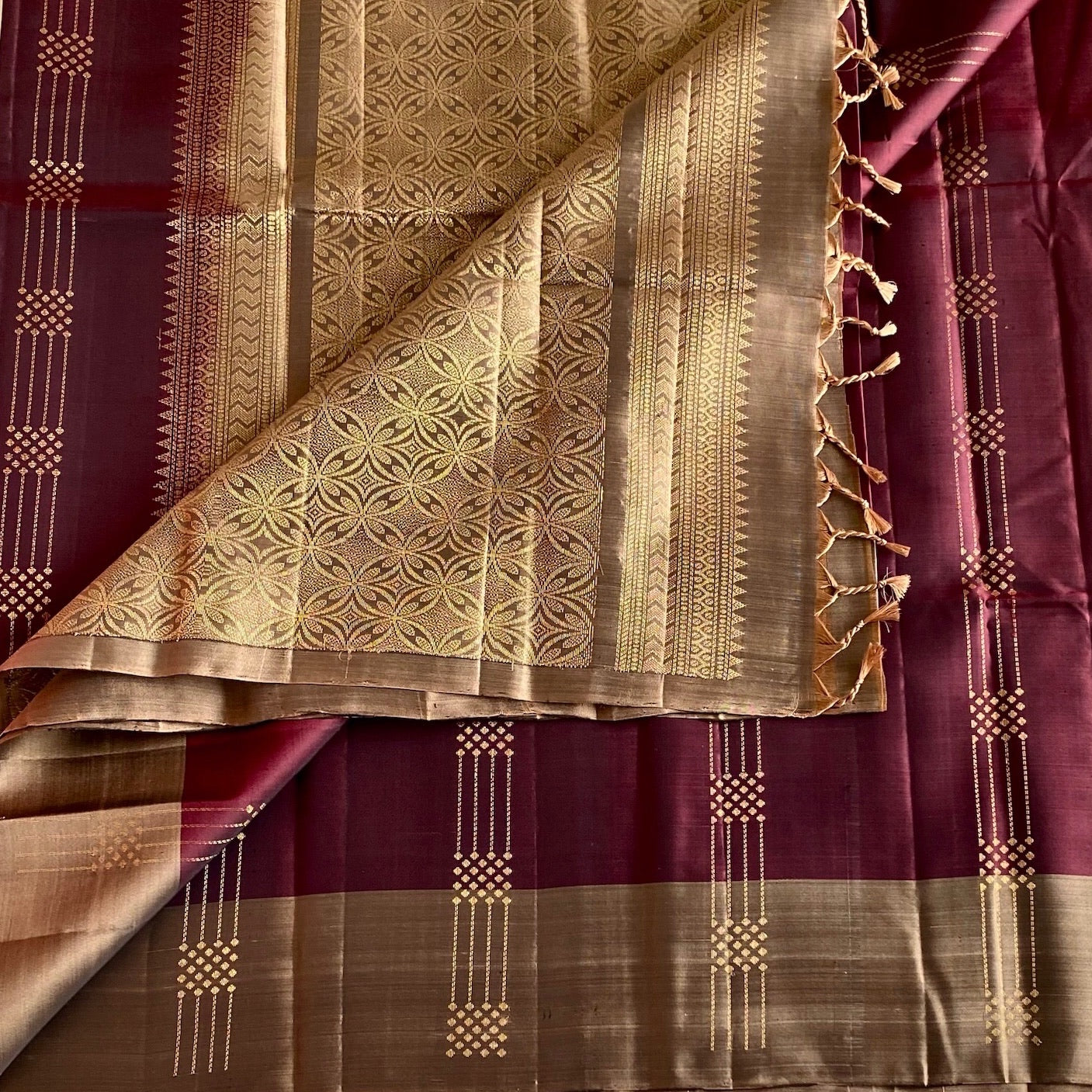 Antique Gold Designer Pure Silk Saree With Deep Maroon Pallu