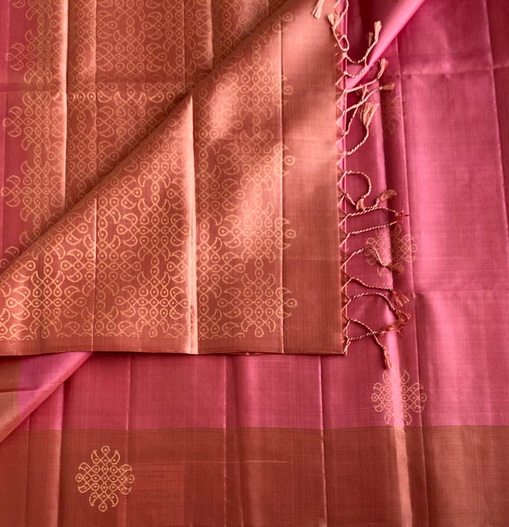 Metallic Rose Pink Designer Pure Silk With Blush Pink Pallu
