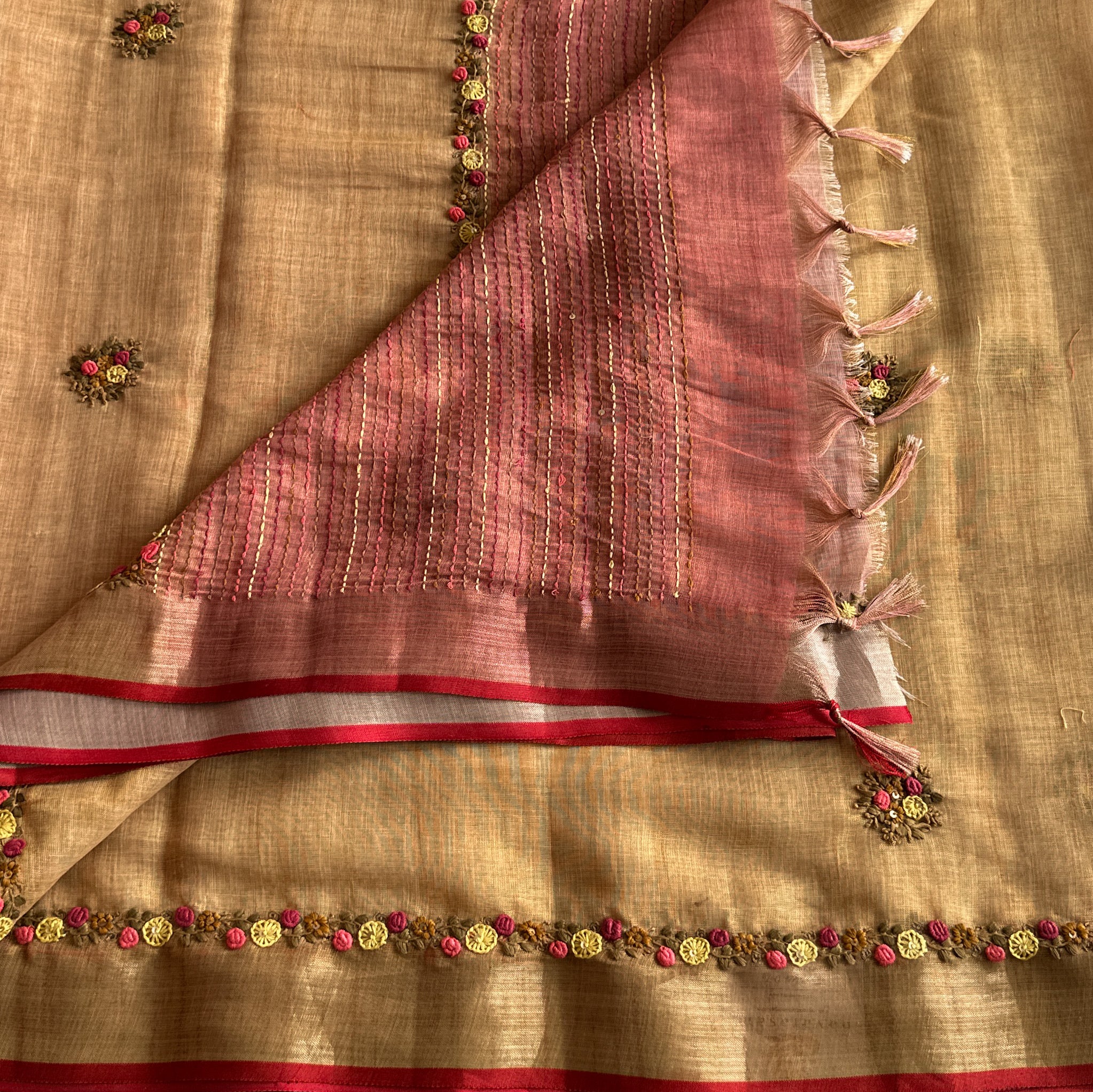 Traditional Mustard Gold Floral Embroidered Saree with Rust Striped Pallu