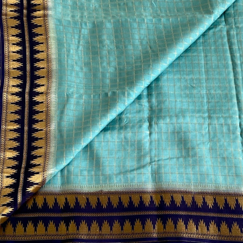Aqua Blue Soft Tussar Silk Saree Royal Blue Border Brocade Pallu