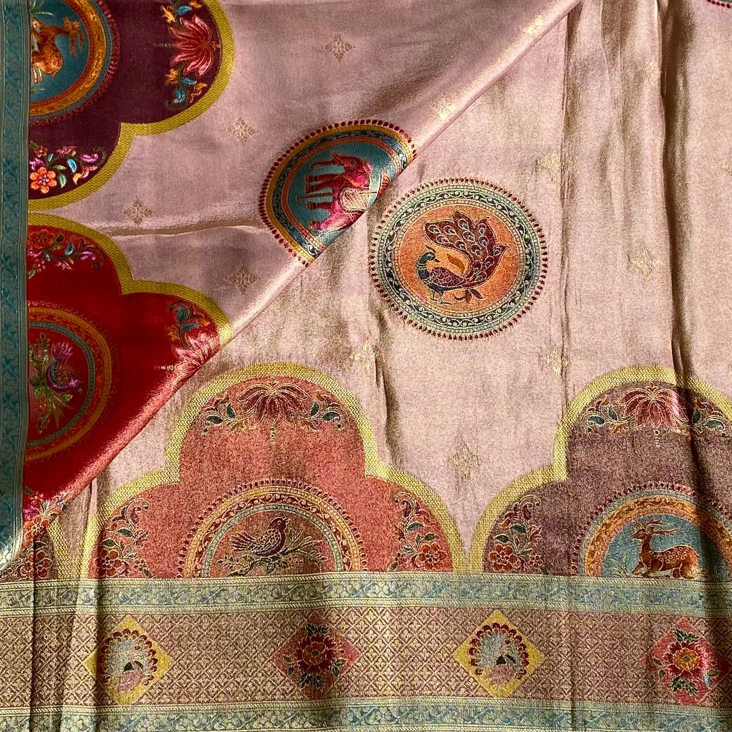 Blush Pink Soft Tissue Silk Saree Teal Blue Border Magenta Pallu