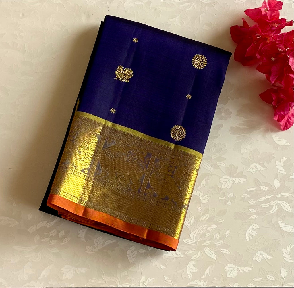 Midnight navy with Royal Gold handwoven Pure Kanjeevaram silk with Pure Zari