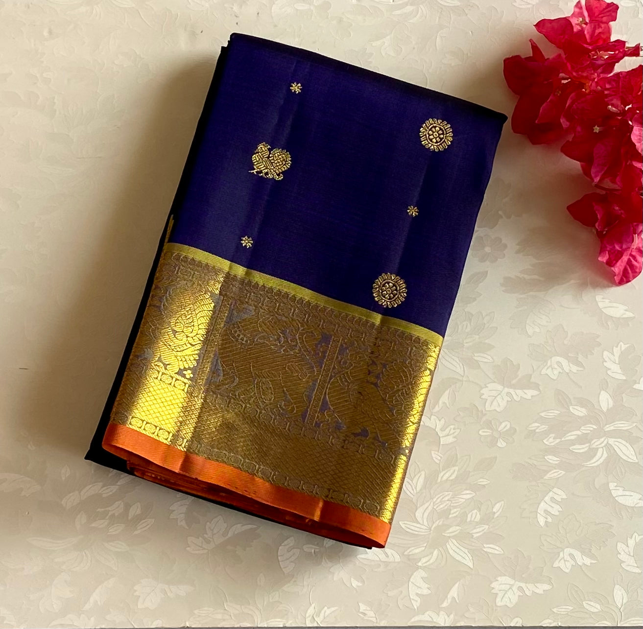 Midnight navy with Royal Gold handwoven Pure Kanjeevaram silk with Pure Zari