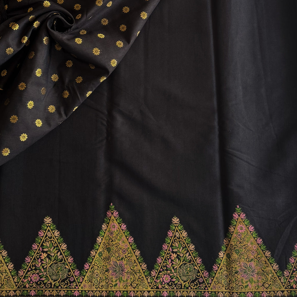Midnight Black Embroidered Saree Antique Gold Blush Pink Pallu Tassel