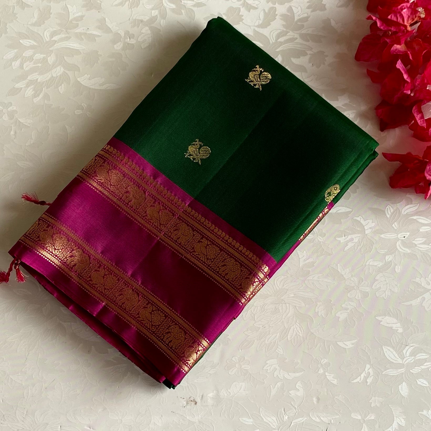 Bottle Green Designer Pure Silk Saree With Rani Pink Pallu Gold Border