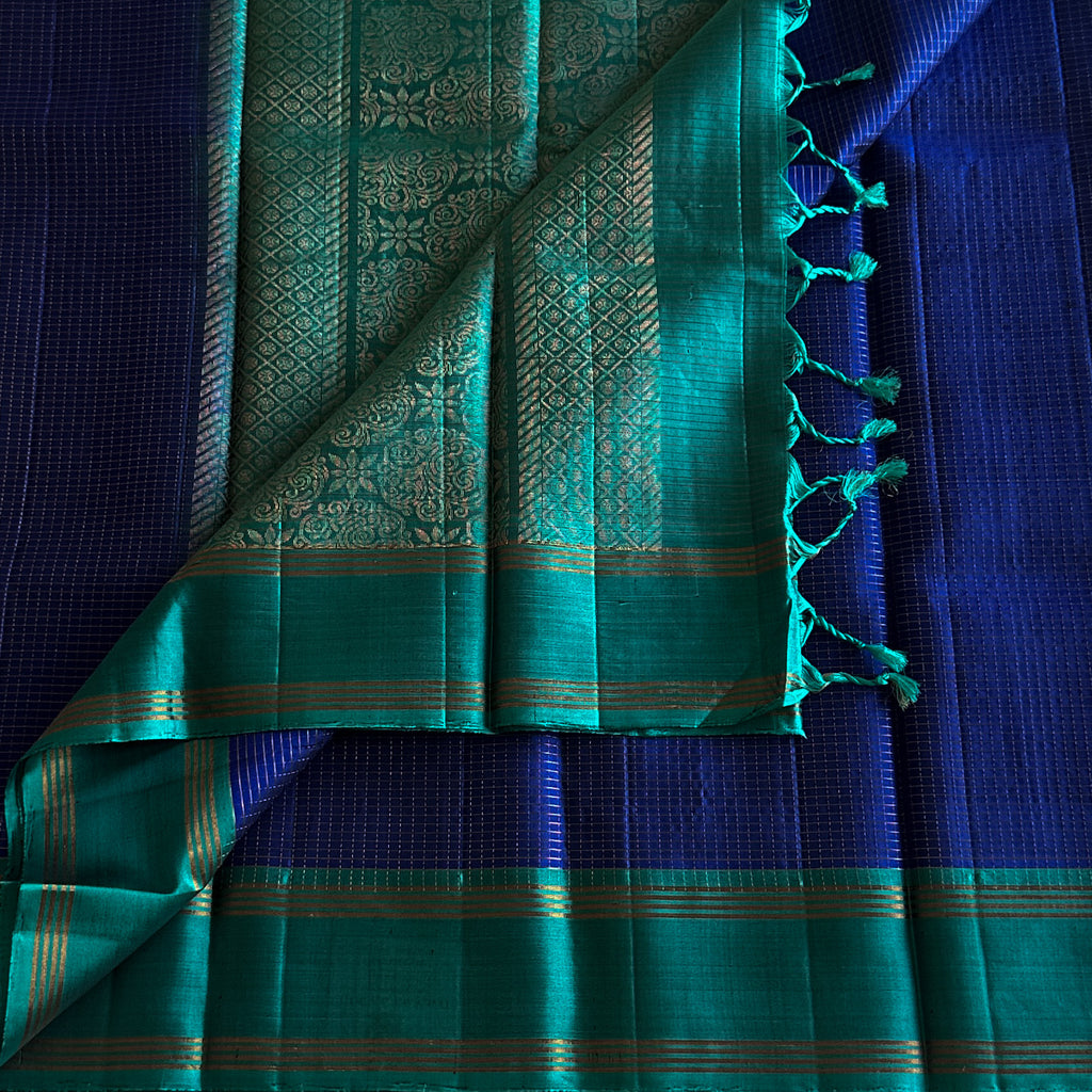 Cobalt Blue Teal Pallu Gold Zari Checked Traditional Saree