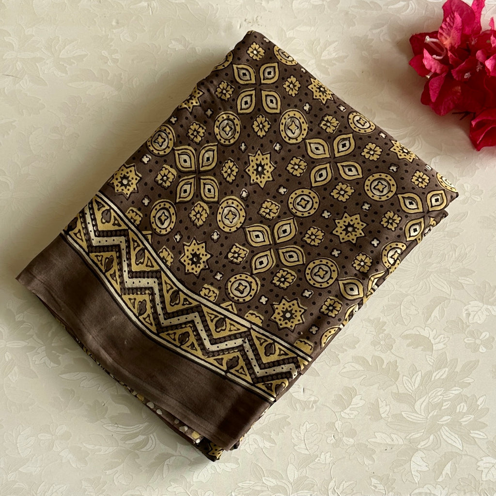 Taupe Brown AJRAKH HANDBLOCK PRINTED SILK Saree With Mustard Yellow Buttas