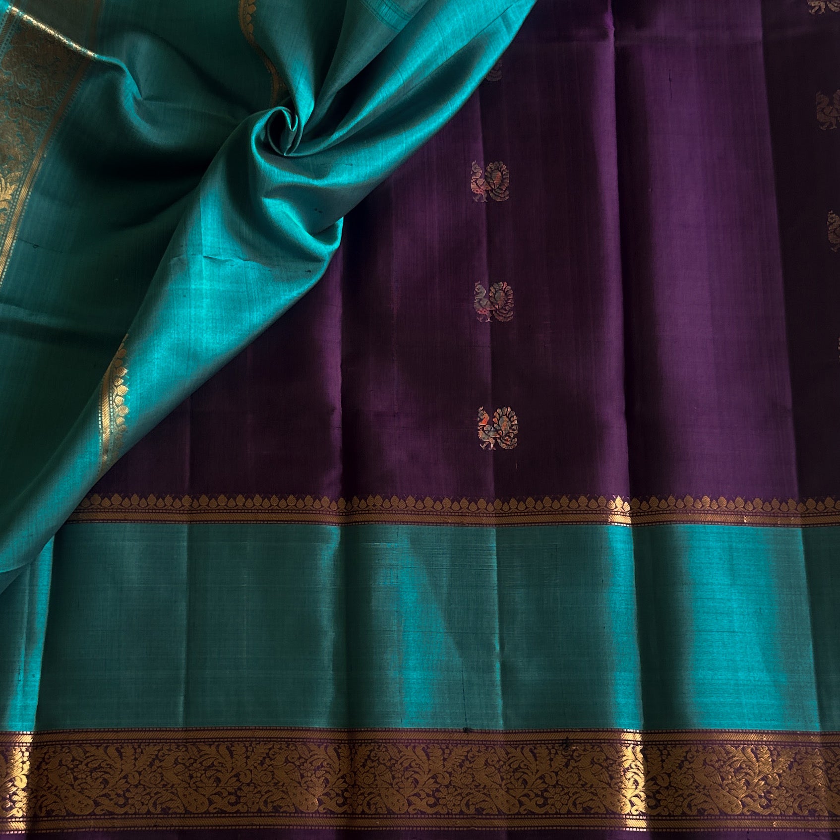 Navi • Deep Purple with Classy turquoise Designer Pure Silk Stunner